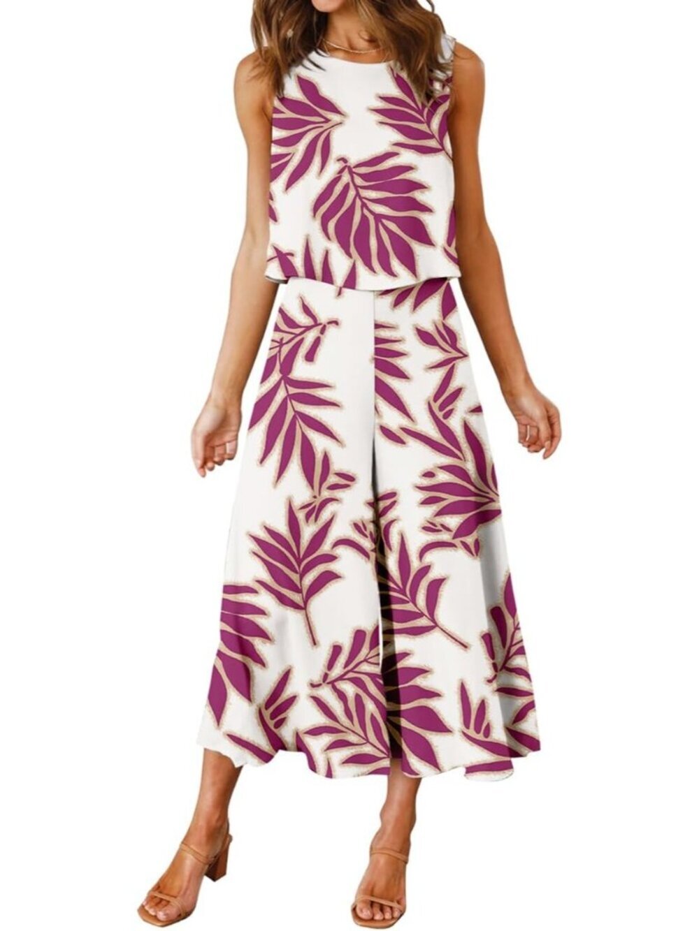 Women's Summer 2 Piece Purple Round Neck Crop Top Cropped Wide Leg Jumpsuits